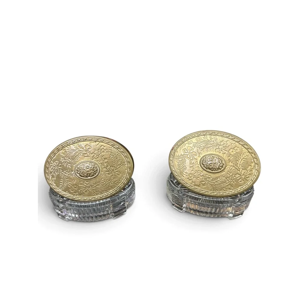 Vintage Art Deco Oval Glass Vanity Jars Set of 3 Brass Floral Embossed Lids